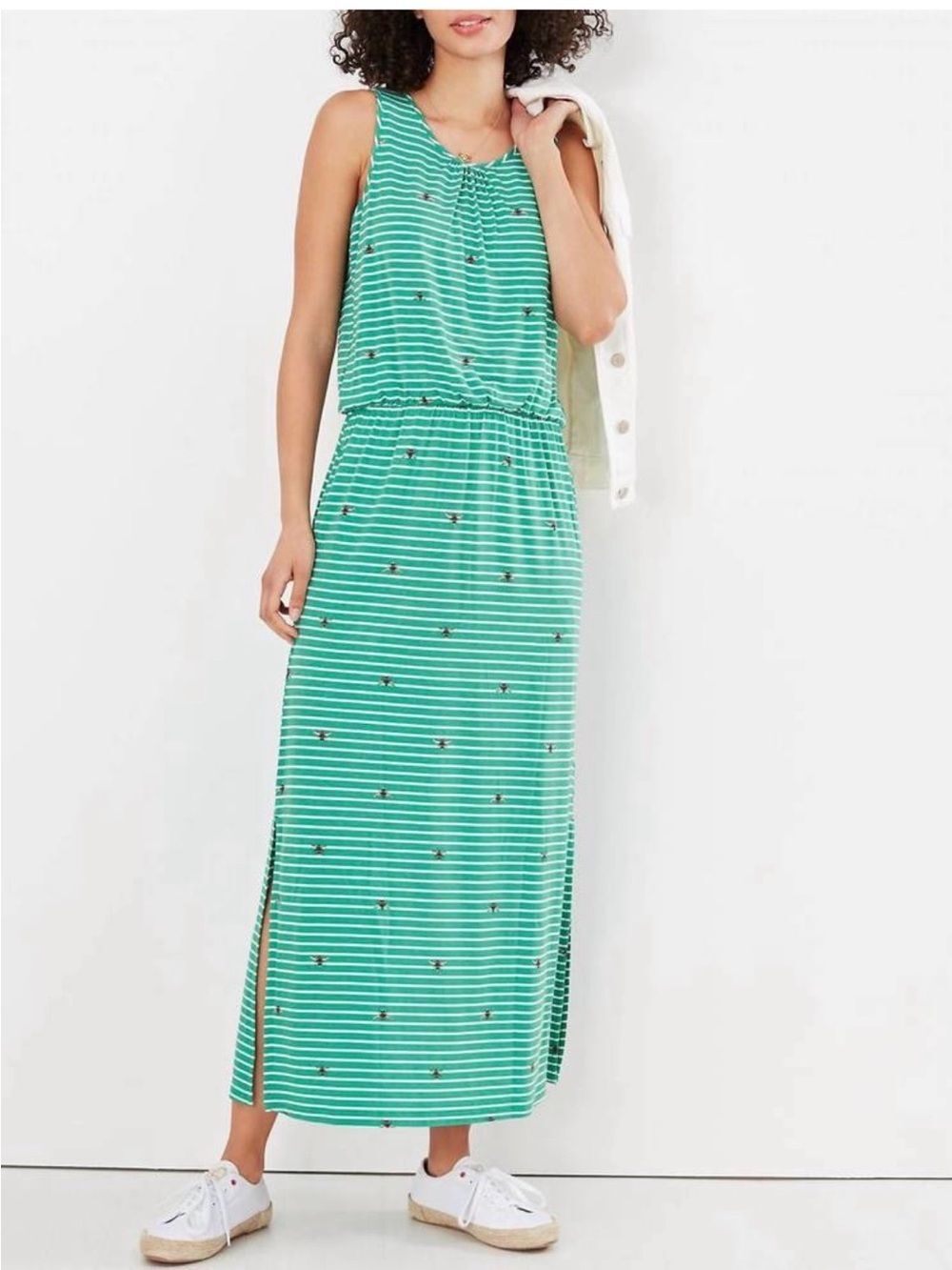 NEW Joules Julia Maxi Dress Size 18 Green White Stripe Bee Print Sleeveless